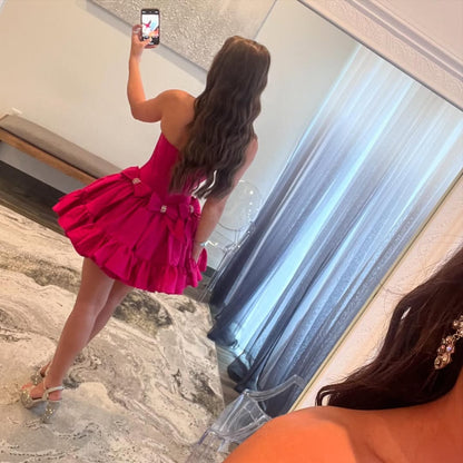 Hot Pink A-Linie Kurzes Ballkleid Satin Homecoming Kleid J5282