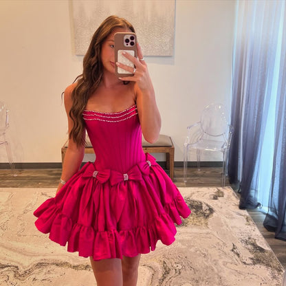 Hot Pink A-Linie Kurzes Ballkleid Satin Homecoming Kleid J5282