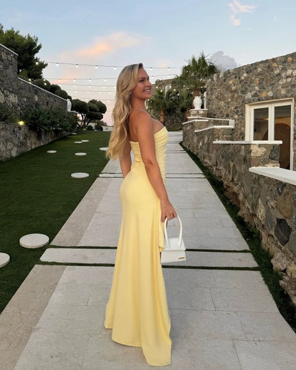 Trägerloses gelbes langes Ballkleid mit Schlitz, Geburtstagsoutfit, Kleid J5284