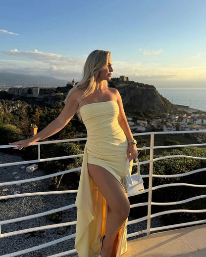 Trägerloses gelbes langes Ballkleid mit Schlitz, Geburtstagsoutfit, Kleid J5284