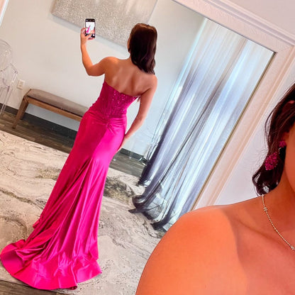 Robe de soirée longue sirène rose bustier en satin J5288