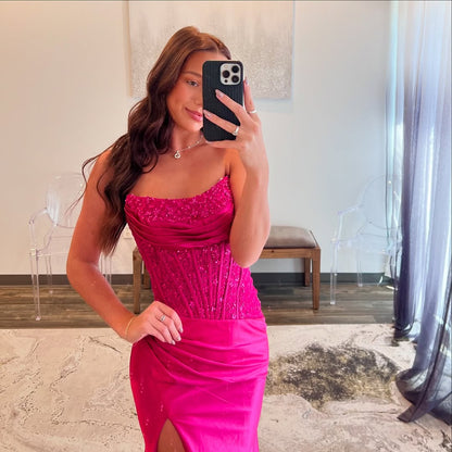 Robe de soirée longue sirène rose bustier en satin J5288