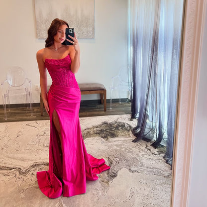 Robe de soirée longue sirène rose bustier en satin J5288