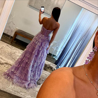 A Line Purple Long Prom Dress Tiered Formal Evening Gown J5293