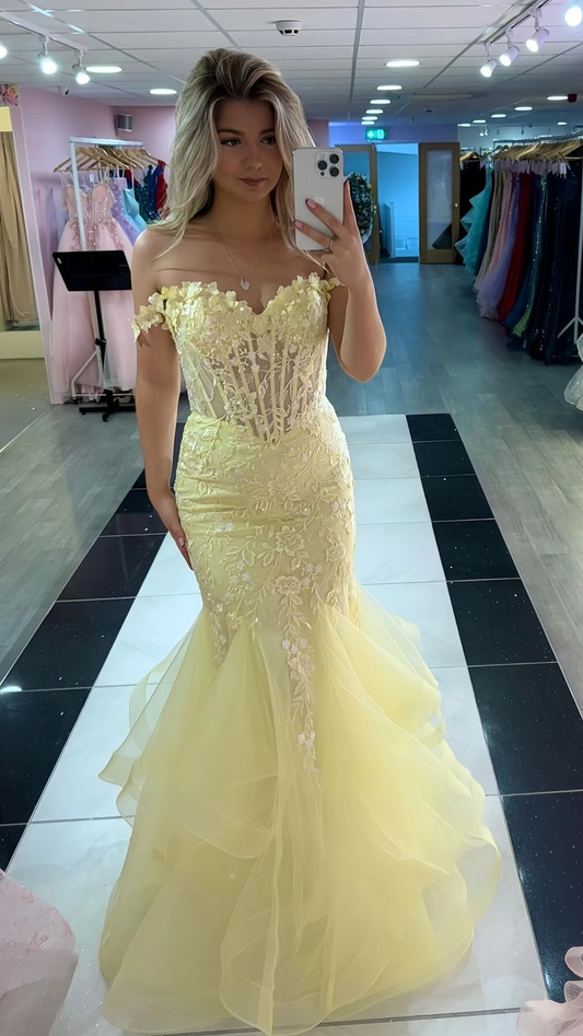 Yellow Mermaid Lace Evening Prom Dress Long Party Dresses J5299