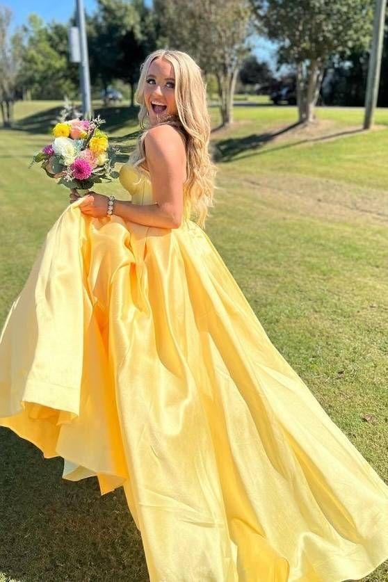 Yellow A Line Sweetheart Corset Satin Prom Dress J5300