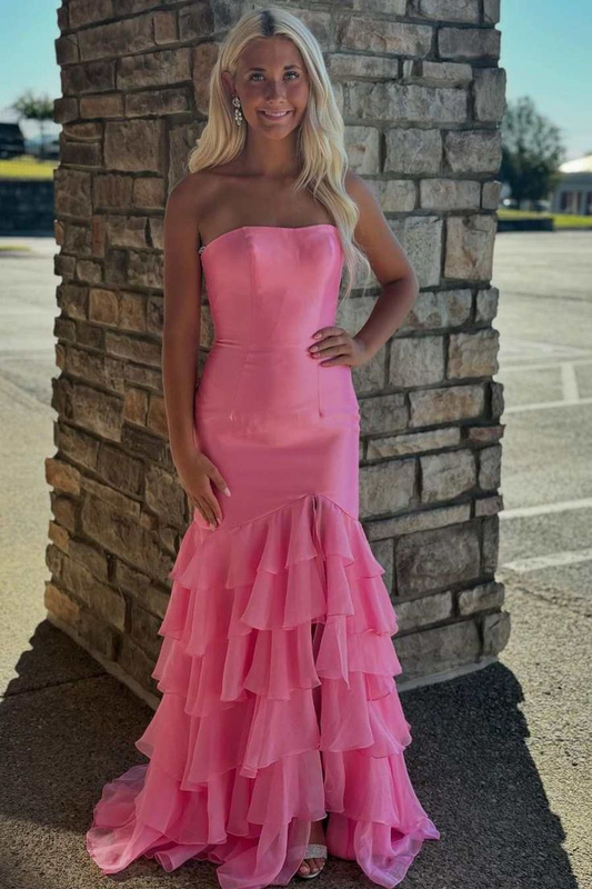 Pink Strapless Tiered Long Prom Formal Dress With Slit J5302