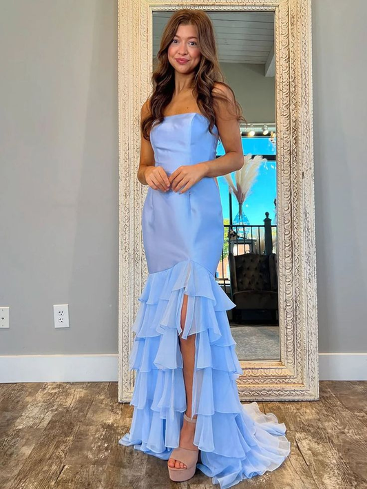 Blue Strapless Tiered Long Prom Formal Dress With Slit J5303