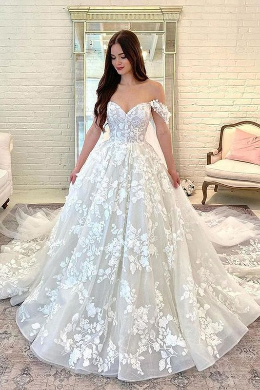 Off The Shoulder Lace Tulle Wedding Dresses A Line Applique Dress J5305