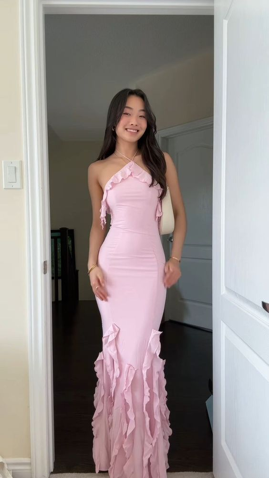 Ruffle Sheath Halter Pink Prom Dresses Evening Dress J5306