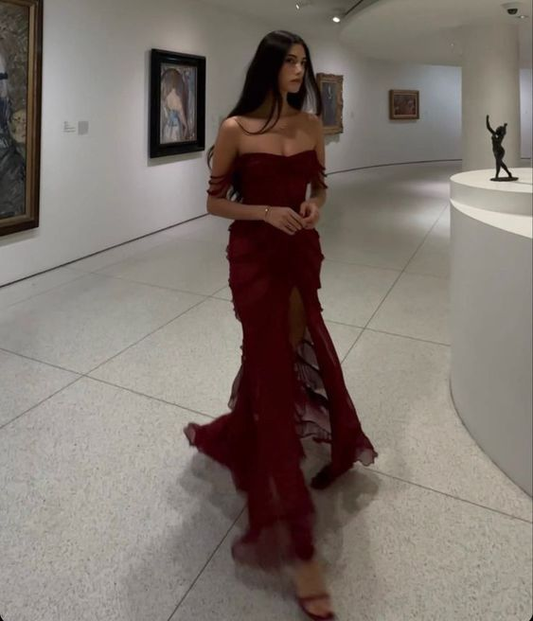 Burgundy Chiffon Slit Formal Evening Gown Long Party Prom Dress J5307