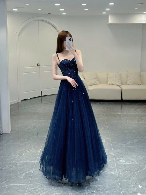 Navy Blue A Line Prom Dress Tulle Evening Dress J5315