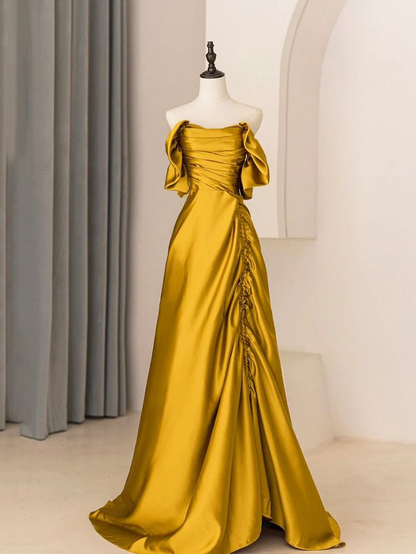 Robe de soirée en satin jaune à épaules dénudées et coupe trapèze J5316