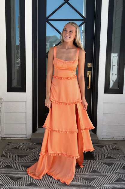 Orange Korsett Stufen Langes Partykleid A-Linie Ballkleid J5323