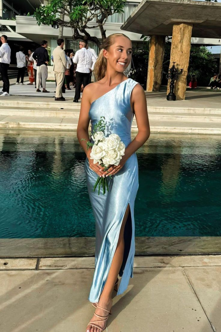 Blue One Shoulder Satin Bridesmaid Dress J5327