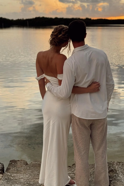 Robe de bal longue en satin à épaules dénudées, robe de mariée blanche J5330