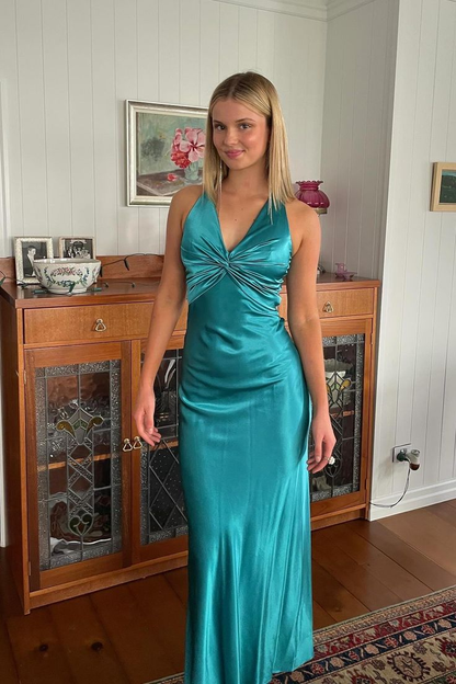 V-Ausschnitt Meerjungfrau Langes Ballkleid Satin Formales Partykleid J5332