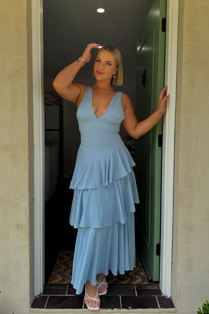 Robe de bal bleue à volants et col en V, tenue de soirée formelle J5338