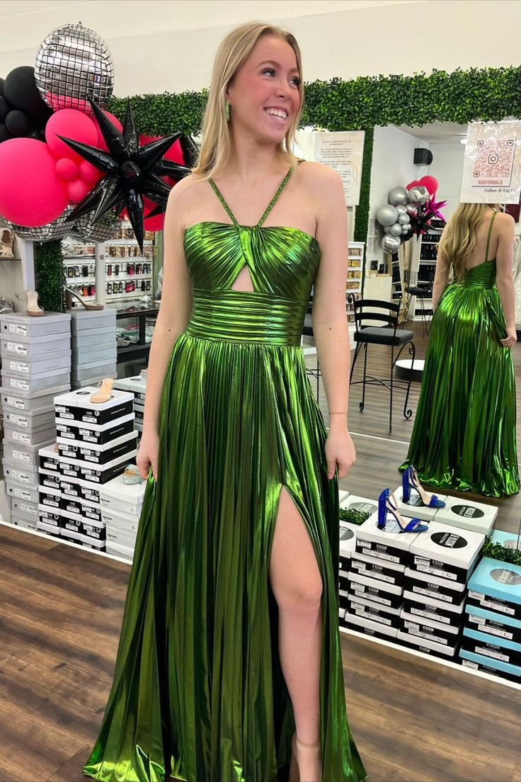 Green A Line Long Prom Dress Pleated Formal Party Dress J5345