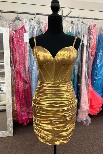 Robe de bal courte fourreau dorée, robe de soirée formelle J5346