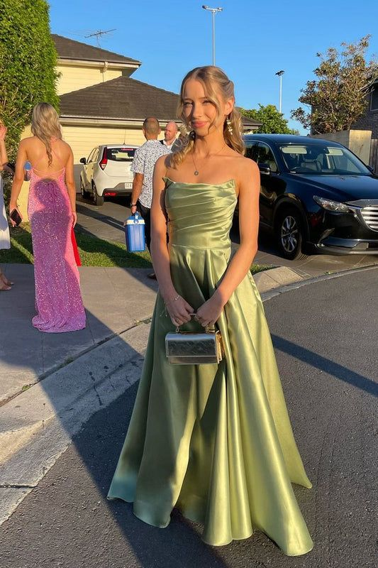 Strapless A Line Green Long Prom Dress Satin Formal Dress J5348