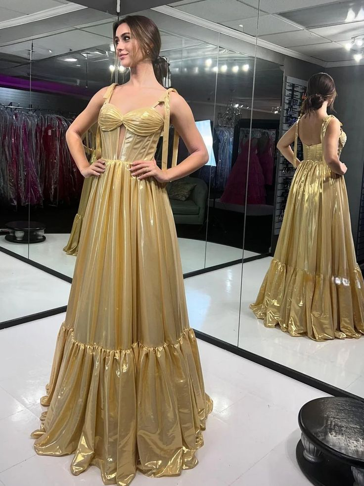 Straps Gold A Line Long Formal Dress Formal Evening Dress J5353