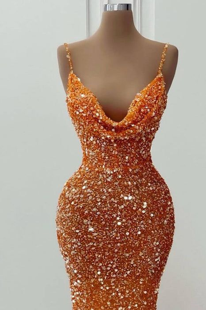 Robe de bal longue orange à paillettes et col en V, bretelles spaghetti, J5355