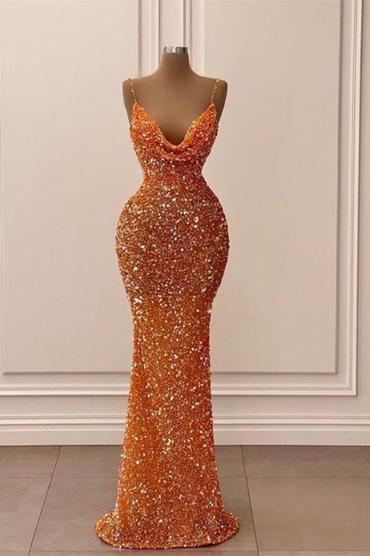 Robe de bal longue orange à paillettes et col en V, bretelles spaghetti, J5355