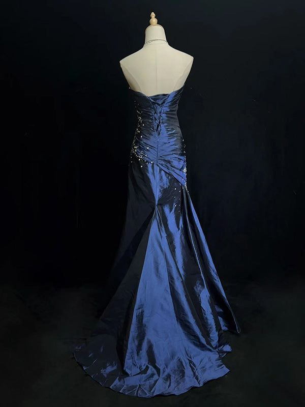 Sweetheart Mermaid Satin Long Navy Blue Prom Dresses J5357