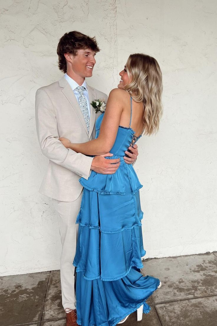 Blue A Line Satin Prom Dress Ruffle Wedding Guest Dress J5367