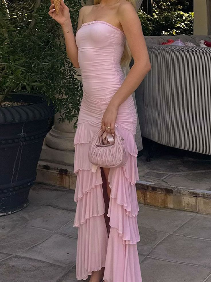 Strapless Pink A Line Tiered Prom Dress Slit Formal Dress J5371