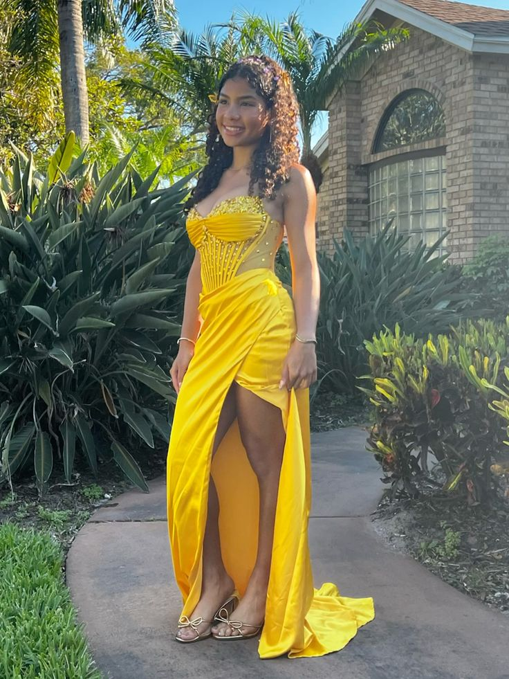 Sweetheart Yellow Long Prom Dress Sheath Evening Dress J5411