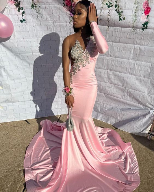 Pink Applique Long Prom Dress Mermaid Party Dress J5415