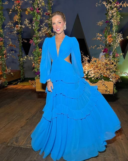 Robe de bal longue bleue à manches longues et à volants pour invité de mariage J5421
