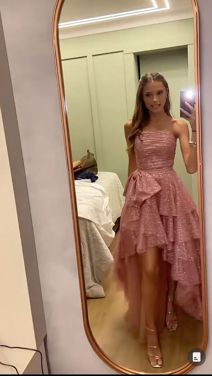 Trägerloses langes Ballkleid mit Pailletten in Rosa J5429 
