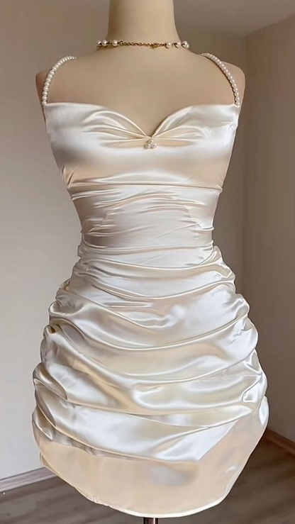 Weißes kurzes Satin-Etuikleid für Geburtstage, kurzes Ballkleid J5444 