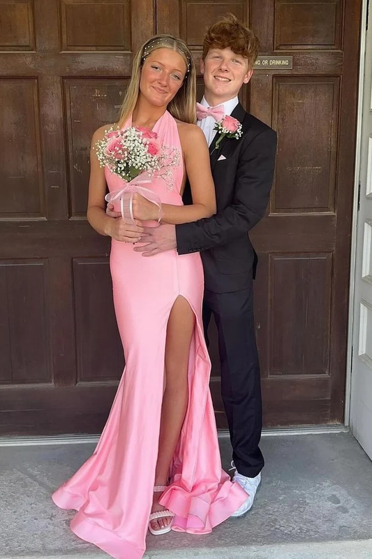 Pink Halter Mermaid Satin Long Prom Dress With Slit J5452