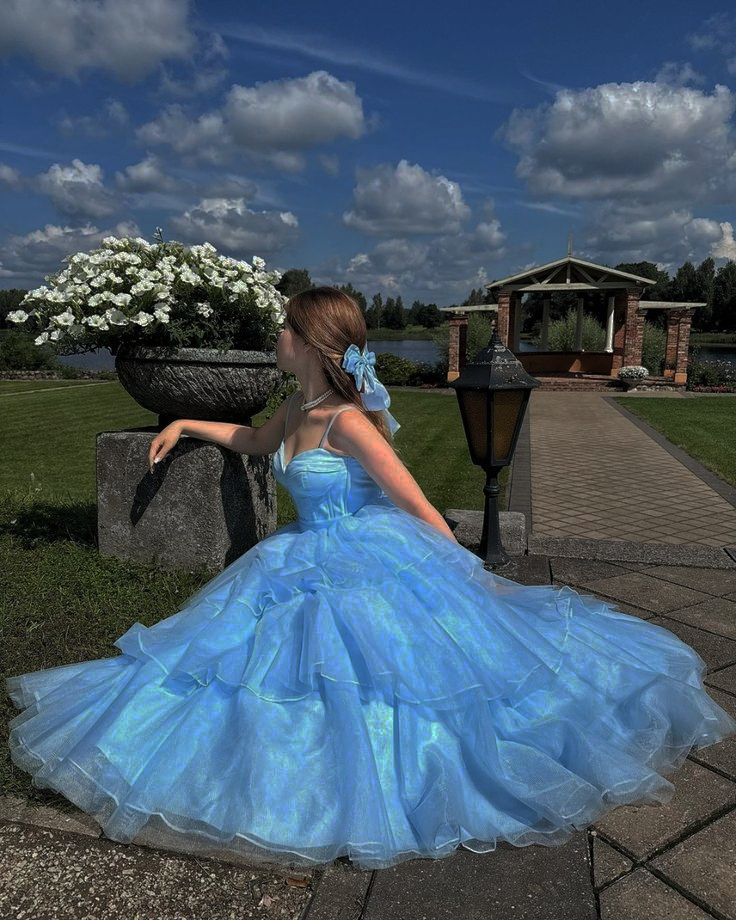 Blue A Line Tiered Long Prom Dress Formal Graduation Dress J5460