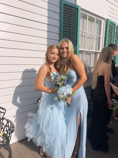 Robe de bal longue bleue bustier en tulle, coupe trapèze, J5463 
