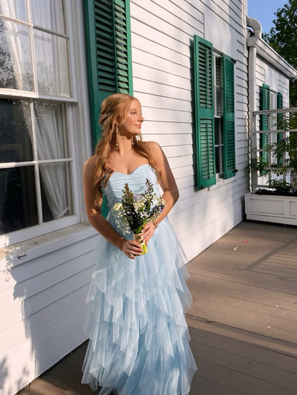 Robe de bal longue bleue bustier en tulle, coupe trapèze, J5463 