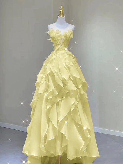 A-Linie Gelbes Rüschen-Ballkleid Formelles Partykleid J5531 