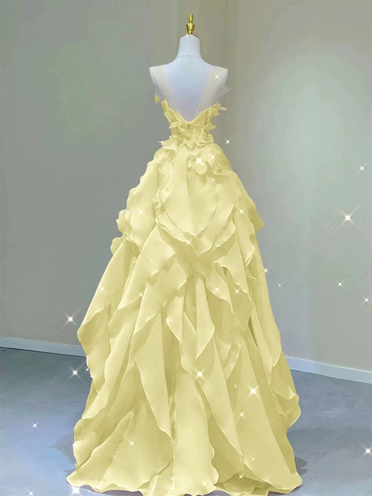 A Line Yellow Ruffle Prom Dress Formal Party Dress J5531