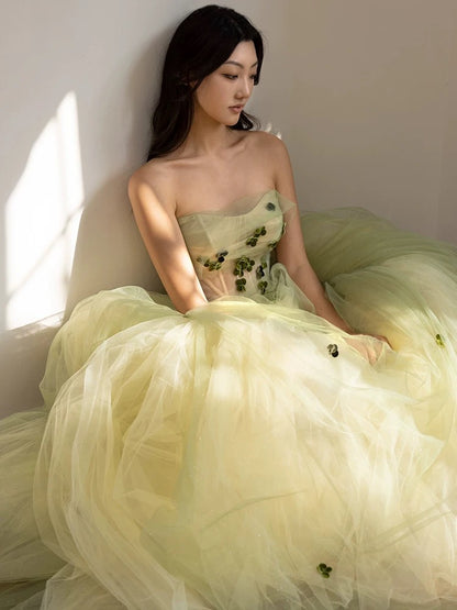 Trägerloses grünes A-Linien-Ballkleid, langes formelles Partykleid J5532 