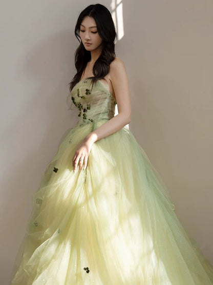 Trägerloses grünes A-Linien-Ballkleid, langes formelles Partykleid J5532 