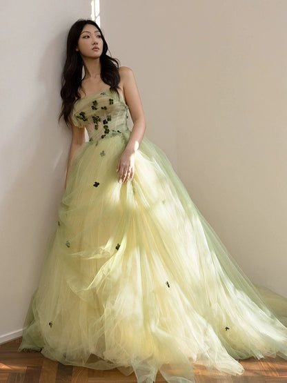 Trägerloses grünes A-Linien-Ballkleid, langes formelles Partykleid J5532 