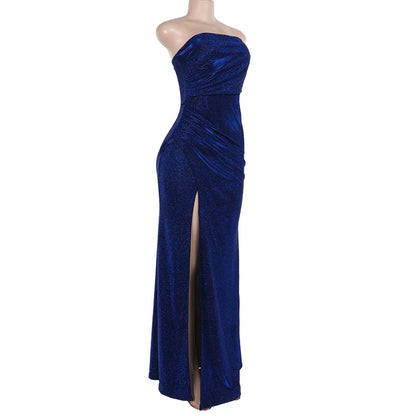 Robe de bal longue fendue style sirène sans bretelles, robe de soirée scintillante J5541 