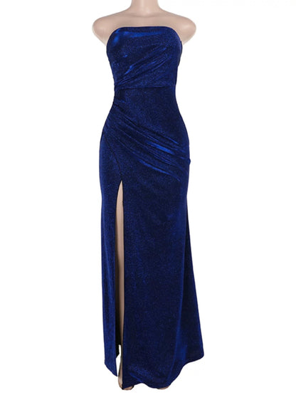 Robe de bal longue fendue style sirène sans bretelles, robe de soirée scintillante J5541 