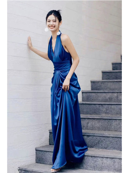 Robe de soirée longue à col en V et dos nu J5538 