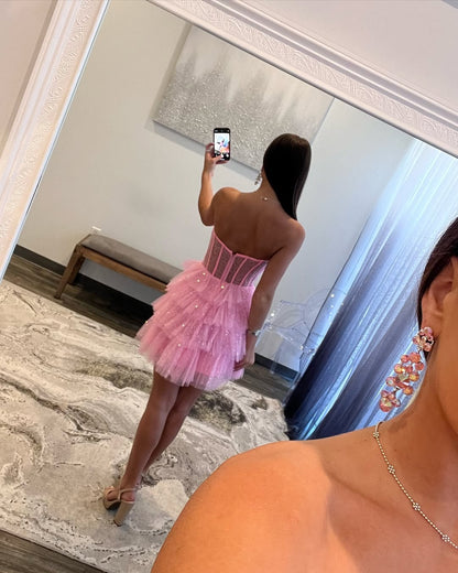 Trägerloses A-Linien-Kurzballkleid aus Tüll für die Heimkehr J5539 