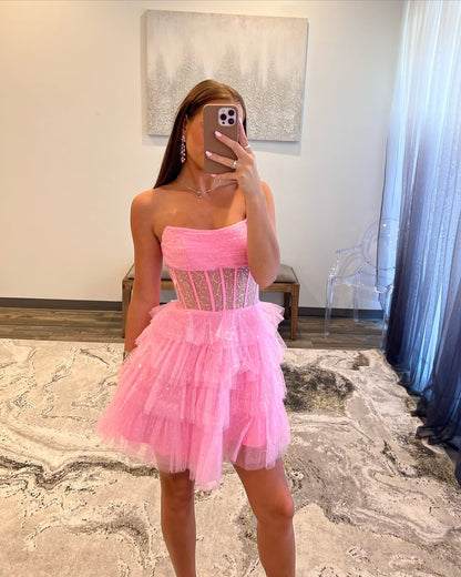 Trägerloses A-Linien-Kurzballkleid aus Tüll für die Heimkehr J5539 
